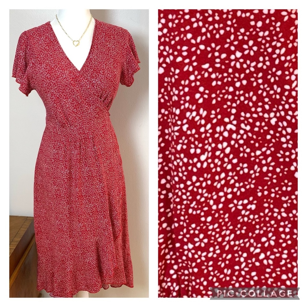 Adorable Red Floral Full Wrap Cap Sleeve Midi Dress
